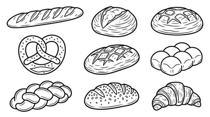 Hand-drawn Bakery Collection: Bread, Croissant, Pretzel, Bagel, Rolls © roziah