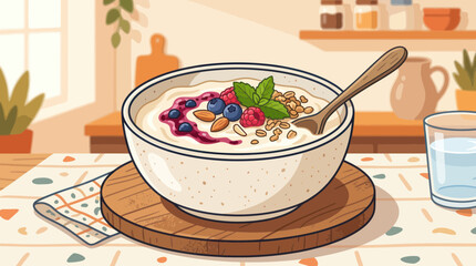 Healthy Breakfast Oatmeal Bowl with Berries, Nuts, and Mint © roziah