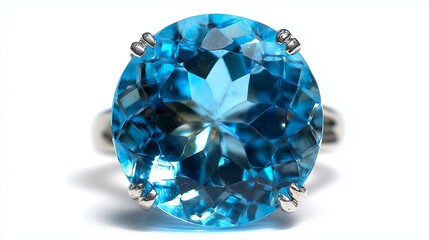 Fototapeta premium Blue topaz ring, sky blue gemstone in white gold, macro jewelry shot