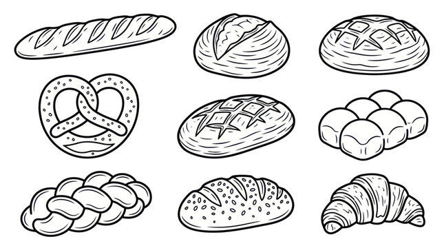 Hand-drawn Bakery Collection: Bread, Croissant, Pretzel, Bagel, Rolls