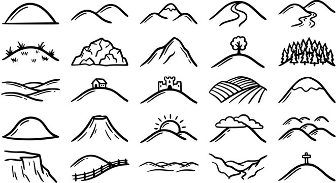 Hand-drawn Black  White Line Art Icons: Nature Landscape Elements Collection with Mountains, Hills, Valleys, Cliffs, and Geographical Landforms