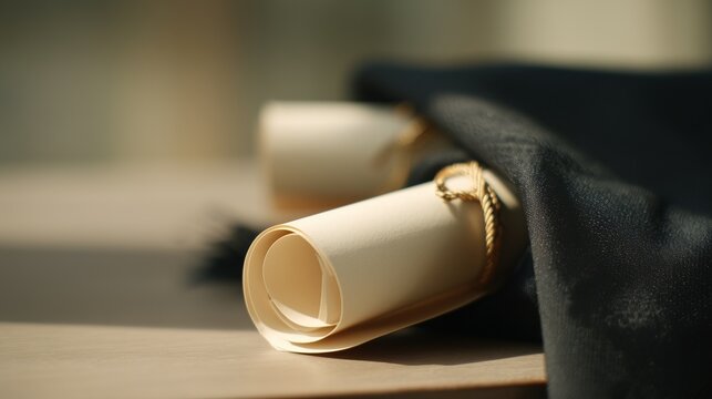 Close-up of graduation gown fabric and diploma scroll, elegant