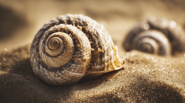 Macro of seashell texture on sand, warm sunlight, beach vacation