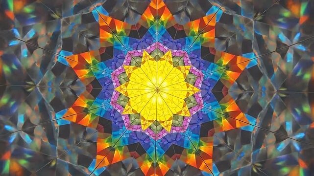 A vibrant and colorful geometric pattern created by a rotating optical device