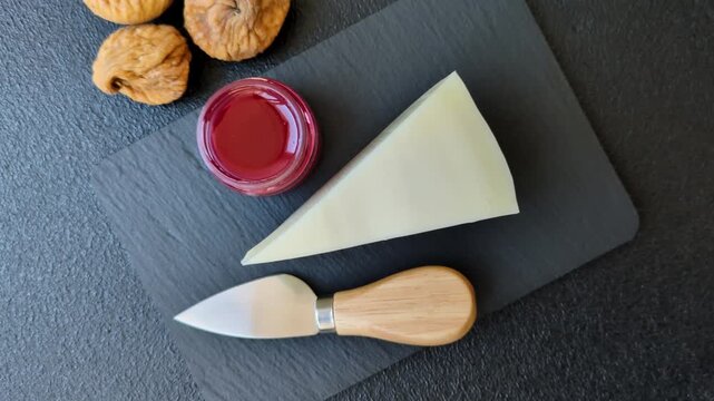 Aged cheese in a triangular block with jam, figs, and nuts. Aged cheese as a food background for your design