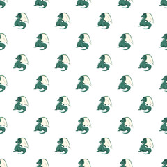 Obraz premium Green baby dragons creating a fantasy seamless pattern on a white background