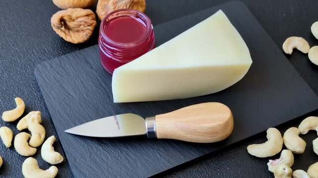 Aged cheese in a triangular block with jam, figs, and nuts. Aged cheese as a food background for your design