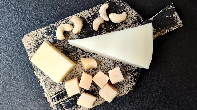 Aged cheese in a triangular block with jam, figs, and nuts. Aged cheese as a food background for your design