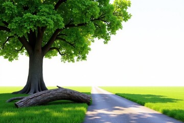 Obraz premium Serene Landscape Featuring a Majestic Tree and a Winding Road Through Lush Green Fields