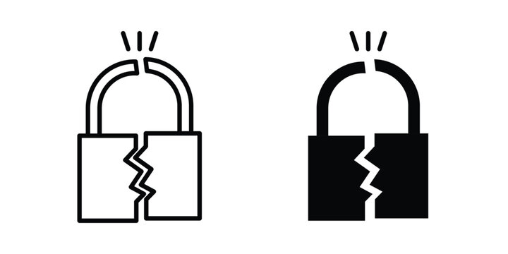 Broken lock icon lineart style, silhouette flat icons