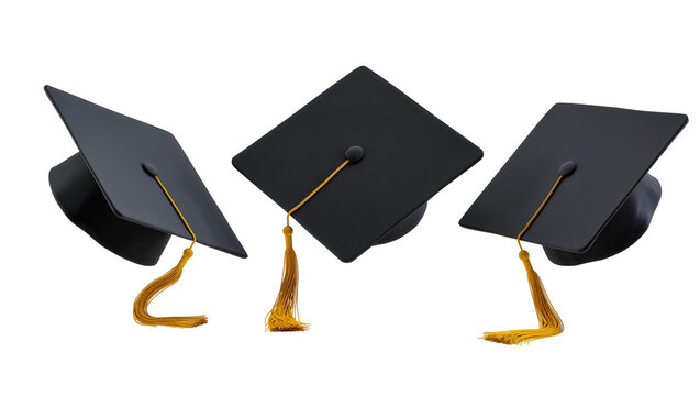 Three black graduation caps with gold tassels