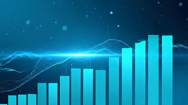 A digital bar chart showing upward growth with abstract light waves