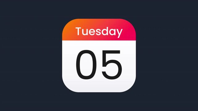 Tuesday 5th Calendar Date Icon Animation Contemporary Time Management Interface Graphic Prores Alpha Channel 4K 60fps