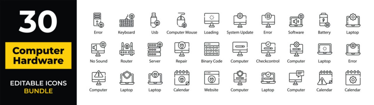 Set of 30 outline icons related to Computer Hardware. such as computer hardware, hardware icons, computer icons, pc components, motherboard Linear icon collection. Editable stroke. Vector illustration