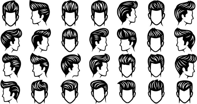 Men's Hairstyles Vector Line Art Collection: Classic Pompadour  Quiff Haircuts in Black  White Silhouette for Fashion, Beauty  Grooming Industry