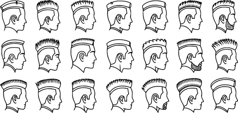 Black and White Line Art Vector Set: Modern Men's Hairstyles, Haircuts, Fades, and Undercuts - Ideal for Barber Shops, Fashion, and Beauty Industry
