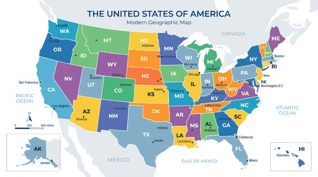 Colorful Map of the United States of America - Modern Geographic State Map