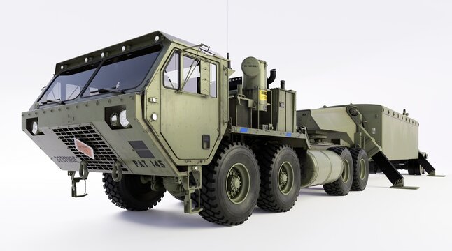 3D render of a modern tactical military vehicle with rugged tires and transport trailer.