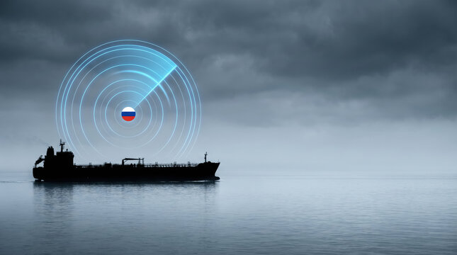 Russian shadow fleet oil tanker tracked by digital radar screen symbol under dark stormy sky geopolitics illustration.