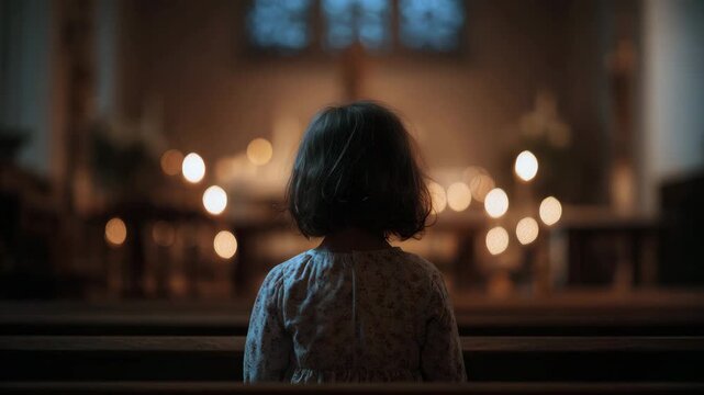 lonely child sitting on a bench in the church animation
