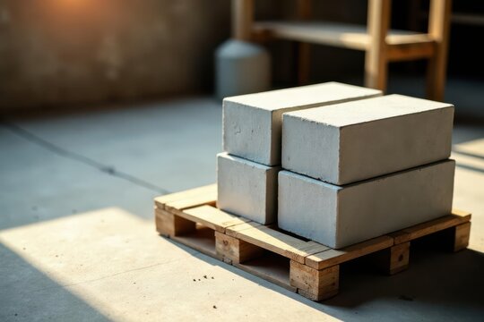 A stack of lightweight concrete blocks rests on a small wooden pallet, bathed in sunlight within a construction zone