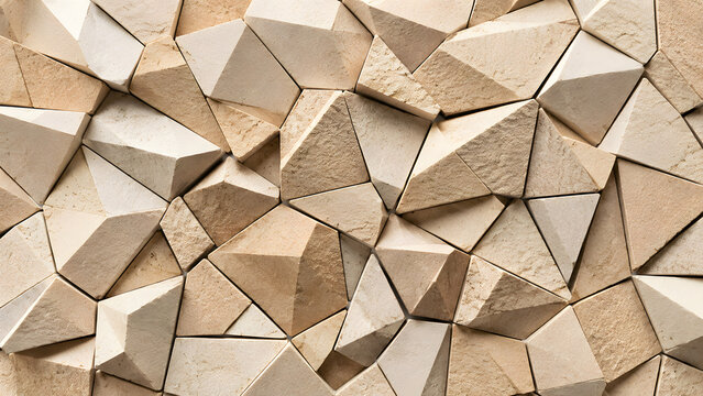 Abstract 3D geometric mosaic pattern background. Modern polygonal low poly relief wall panel texture in beige sand color tones. Luxury architectural decorative surface design for interior cladding