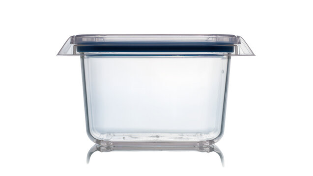 Clear plastic food storage container with blue lid