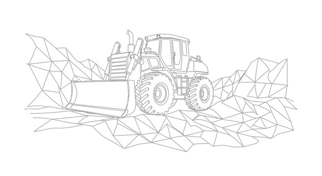 Outline drawing of a bulldozer amidst a low-polygon landscape