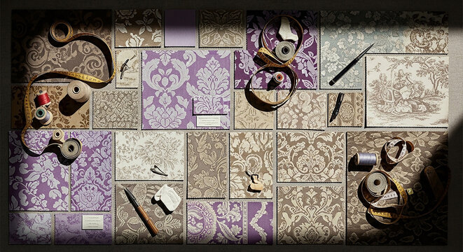 Vintage Sewing Supplies and Fabric Samples with Damask Patterns