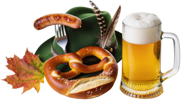 German Oktoberfest sausage pretzel beer mug, and hat with feathers