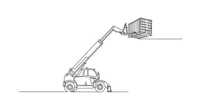 Telehandler lifting shipping container, one line drawing, industrial machinery, logistics concept