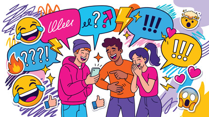 Fototapeta premium Vibrant cartoon illustration of diverse friends laughing at smartphone, colorful speech bubbles with emojis and icons, social media communication concept