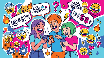 Fototapeta premium Vibrant pop art illustration of happy teenagers using smartphones, Gen Z friends laughing at social media content, colorful comic style vector