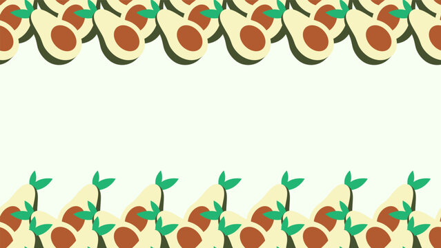Empty horizontal banner with rows of juicy, delicious avocados with large pits and green leaves at top and bottom of the image. Vector banner for fruit and vegetable fair