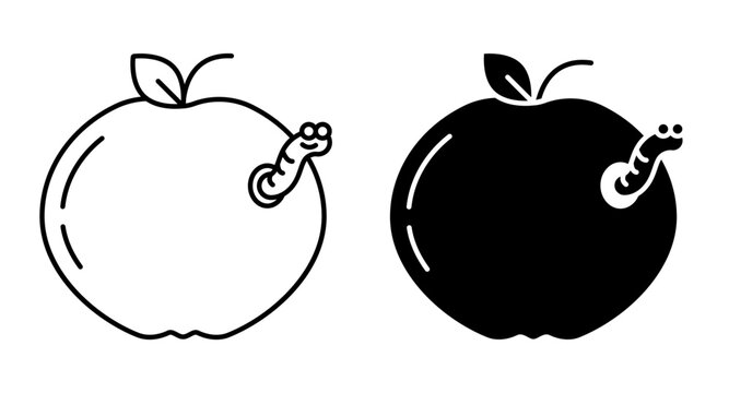 Linear icon. Funny pest worm peeks out from a wormy apple. Simple black and white vector isolated on white background