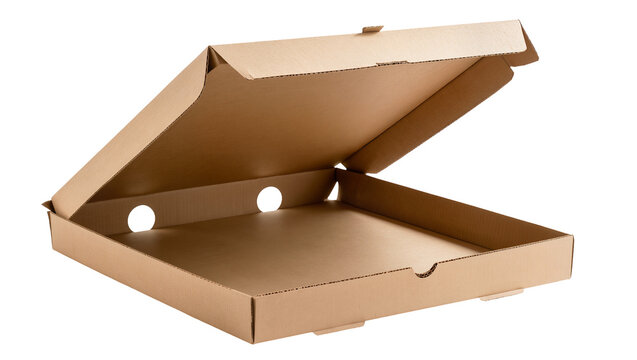 Open cardboard pizza box with air holes