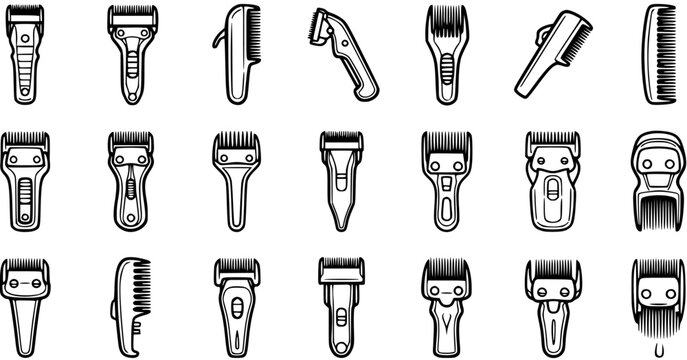 Black and White Line Art Icons of Various Hair Clippers and Trimmers
