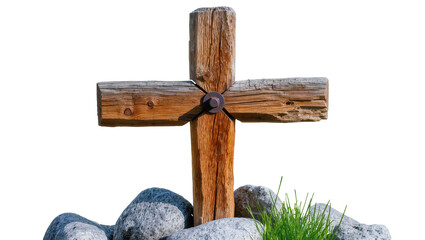 Rustic wooden cross with metal bolt and rocks © Sophia