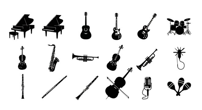 Collection of black musical instrument silhouettes on white background for music concepts