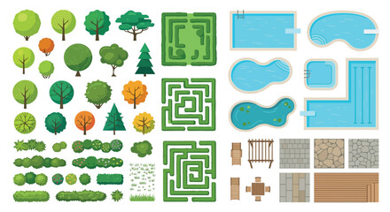 Fototapeta premium Landscape Elements Vector Illustration With Trees Pools And Garden Features