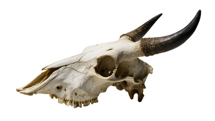 Fototapeta premium Animal skull with curved horns and visible teeth