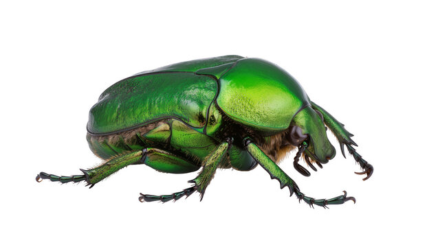 Metallic green scarab beetle with hairy underside and segmented legs