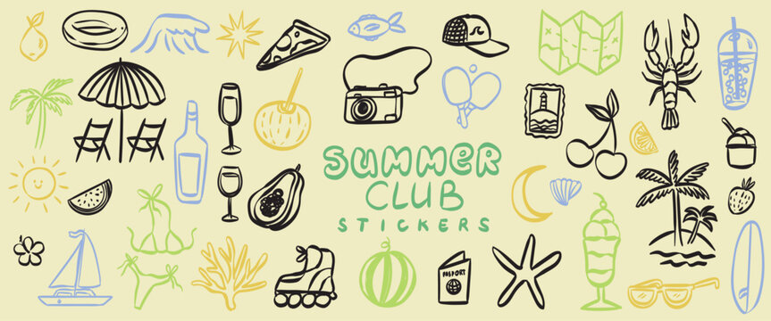 Summer beach sea memories doodle sticker set. Simple sketch naive coastal drawings. Vector summertime sea travel scrapbook hand drawn collage illustrations for journal, dairy, notebooks, social media.
