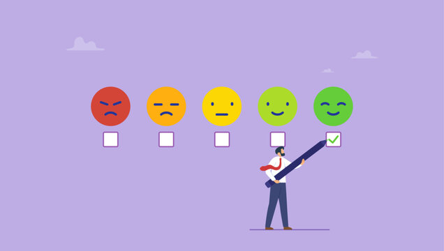 Customer with pencil giving online survey satisfaction rating. Satisfaction survey feedback, service rating or client evaluation, quality assessment, opinion ranking questionnaire, consumer choice.
