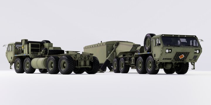 3D render of a modern tactical military vehicle with rugged tires and transport trailer.