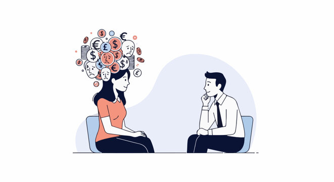 Woman with financial worries and sad faces, talking to a man