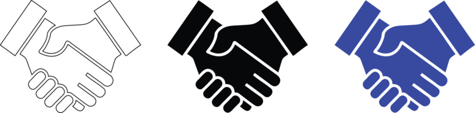 Handshake icon collection with suit sleeves for professional agreement and corporate unity.