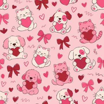 Cute Valentine's Day seamless pattern with puppies and kittens holding hearts
