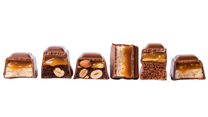Chocolate bars with caramel nougat peanuts, and biscuit layers © Elowen