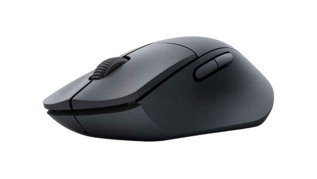 Ergonomic dark gray wireless computer mouse with scroll wheel and side buttons